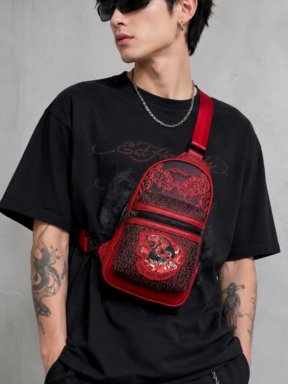 Ed Hardy Tiger Sling Backpack Crossbody Red Black Skull Zip Adjustable NWT